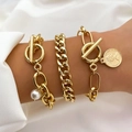 Set di tre bracciali a catena dorati con perle e ciondoli a moneta per le donne - HS596-34 Oro Moneta Perla Set 3pz