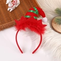 Festive Christmas headband featuring red green striped elf hat with feathers and pom pom - Red Elf Hat with White Pom Pom