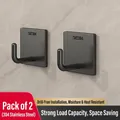 Set of 2 matte black 304 stainless steel square wall hooks with adhesive mounting - Matte Black - 2 Pieces