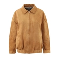 Women brown faux suede zipper jacket and shorts set with minimalist collar design - S / Tops