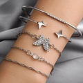 Set di 5 bracciali argentati a strati con farfalla di cristallo e ciondoli a moneta - Argento