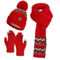 Winter 3-piece red knit set with pom-pom hat scarf and touch-screen gloves - Red (3-Piece Set)