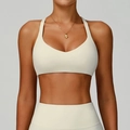 Creamy white high-impact sports bra and high-waisted yoga pants set with V-neck - XL / Cream Apricot