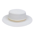 White wide brim straw hat featuring elegant pearl and gold chain decorative band detail - Artificial Pearl Gold Chain Style (299H)