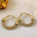 Vintage golden stainless steel hoop earrings with unique woven mesh texture in main view - Hollow Woven Hoop / Gold