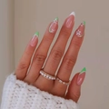 French green floral almond fake nails with white daisies and elegant glossy finish - Green French Daisy Style (JP1480)