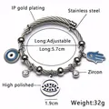 Adjustable stainless steel braided wire bracelet with Hamsa Hand and blue Evil Eye charm - G-Steel Blue Hamsa Style