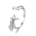 Adjustable S925 sterling silver ring featuring a star design and a dangling clear zircon - S925 Double Star Zircon Style - Silver
