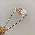U-shaped hair fork in gold with white flower petals, pearls and iridescent rhinestones - One Flower Hair Stick - Gold