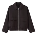 Chaqueta corta de mujer café oscuro con cuello plano y detalles de bolsillos frontales - XS / Gris Café