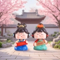Ancient style Tang lady figurines in blue and green dress with Pingan Xile scrolls - Peace and Joy Small 2pcs/box / Ancient Style Ornament Series
