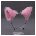 Handmade pink plush cat ears headband with black metal band on display stand - One Size / Folded Ear Style - Full Pink