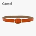 Minimalist camel genuine leather belt for women with a sleek gold rectangular metal buckle - Camel