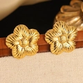 Elegant gold flower stud earrings with five-petal texture and center bead detail - Gold 3D Five-Petal Flower Stud Earrings