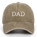 Close-up of vintage washed cotton baseball cap with white DAD embroidery in khaki - DAD Embroidery / Khaki