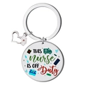Detail of round stainless steel nurse keychain with colorful medical icons and text - THIS nurse IS OFF Duty Style (K款)