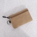 Khaki canvas mini coin purse with metal keychain ring and brown zipper detail - Khaki