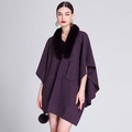Dark purple knitted cape with premium faux rabbit fur collar and decorative fur pom-poms - Purple