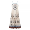 Detail of bohemian floral print maxi dress with tiered skirt and light airy mesh fabric - S / Brown Hem