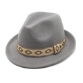 Detailed view of dark grey wool fedora hat with a vintage geometric jacquard ribbon band - M (56-58cm) / Light Gray