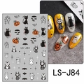 Details von Halloween-Nagelstickern mit Kürbissen und Geistern auf manikürten Nägeln - LS-J84 (Halloween Schwarze Katze Fledermaus Spinnennetz)