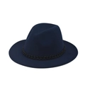 Detail of navy blue felt fedora hat featuring a stylish black woven chain band decoration - Sky Blue with White Chain