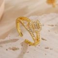 Detail of gold-plated geometric ring with micro-paved zircons on a textured stone base - Square Main Stone Micro-pave Style (14191)