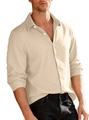 Men's beige long sleeve knit shirt featuring a geometric texture and button-down front - Khaki