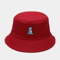 Close-up of cute blue dinosaur embroidery on deep red canvas bucket hat with stitching - M (56-58cm) / Burgundy