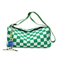 Minimalist green checkerboard canvas crossbody bag with adjustable strap and zip closure - Green with Pendant