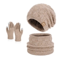 Winter knit set including hat, scarf, and touch screen gloves in light beige marl - Three-Piece Set / Mixed Khaki