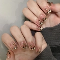 Franse luipaardprint nepnagels met bruin patroon en gouden glitter vlokken - Franse Luipaardstijl (GN042)
