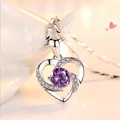 Silver heart pendant necklace with purple gemstone and crystals for women - Purple Zirconia