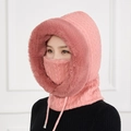 Roze winter gebreide bivakmuts met imitatiebont rand en geïntegreerd masker - Leer Rood