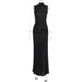 Detailed view of black sleeveless high neck maxi dress with shimmering fabric and ruched waist - S / Black
