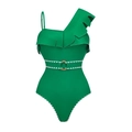 Dettagli del costume intero verde con bordo ric-rac e spallina con volant - S / Costume da bagno verde monospalla