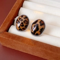 Vue macro de boucles d'oreilles ovales léopard avec bords torsadés argentés dans un écrin - Forme Irrégulière Café