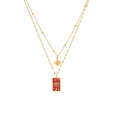 Double-layered gold necklace with star pendant and red enamel eye-pattern rectangle plate - Pink Enamel Celestial Double Layer Necklace (7#)