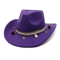 Deep purple wool felt western cowboy hat with bohemian shell and coin beaded trim - M (56-58cm) / Purple