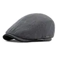 Classic grey herringbone beret hat for men and women with metal brand tag detailing - Elastic Band / Dark Gray