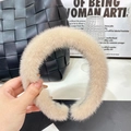 Chic beige faux mink fur headband with a fluffy texture and wide padded design - Khaki