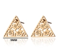 Detailed view of 9mm golden hollow flower triangle stud earrings with measurement scale - Triangle / Gold
