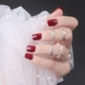 Glossy wine red short square press-on nails set with assorted silver rings for women - Shiny Wine Red (DFL-10)