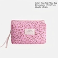 Rose red quilted makeup bag with floral pattern and zipper closure for travel - Pillow Bag / Rose Red