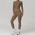 Dark coffee yoga set with long sleeve crop top and high waisted leggings set - S / Top And Bottom / Long Sleeve + Leggings / Mocha Brown