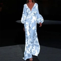 Women's V-neck printed long dress with lantern sleeves in elegant blue and white - S / Blue & White