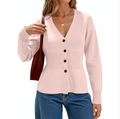 Elegant light pink V-neck knit cardigan with ribbed waist and button closure for women - S / Shrimp Pink