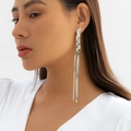 Elegant silver long tassel drop earrings featuring a woven design and fine snake chains - 01 White K 2840
