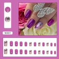 Glossy purple butterfly press-on nails with gradient square design, 24-piece full set - Purple Butterfly (W481)