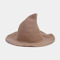 Close-up of the knitted texture and wavy brim of this light brown pointed wizard hat - Khaki
